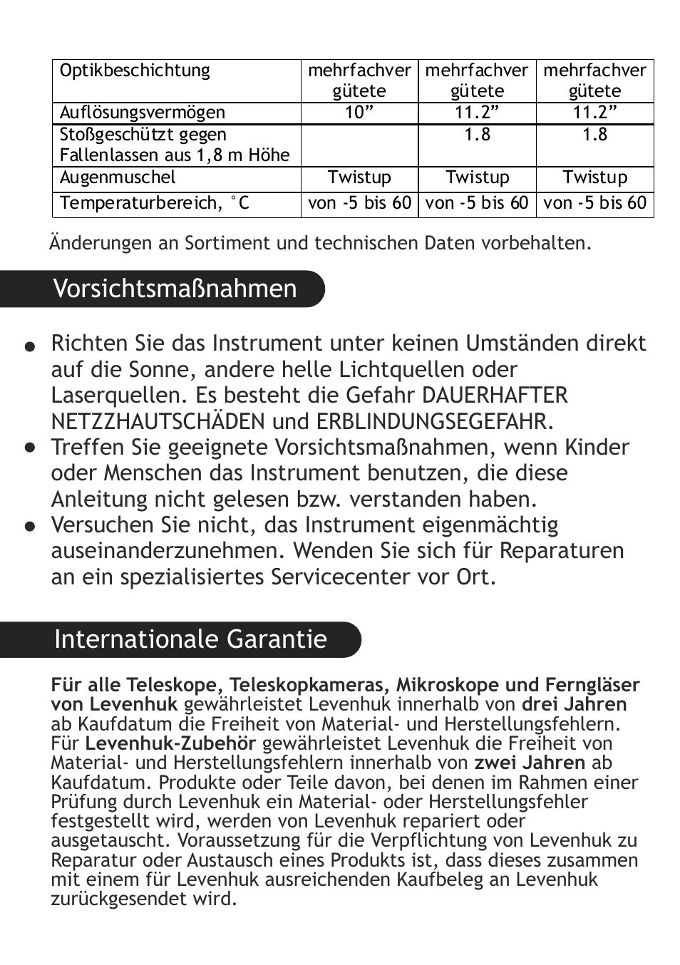 Internationale garantie, Vorsichtsmaßnahmen | Levenhuk Wise 10-30x25 Monocular User Manual | Page 18 / 40