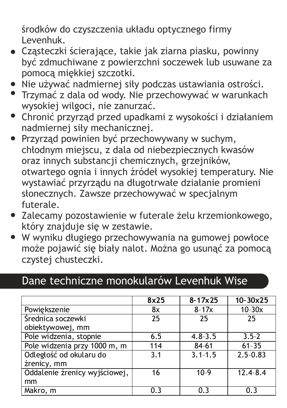 Dane techniczne monokularów levenhuk wise | Levenhuk Wise 10-30x25 Monocular User Manual | Page 23 / 40