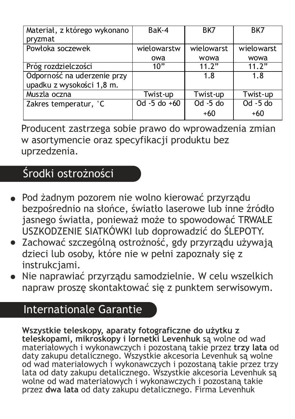 Internationale garantie, Środki ostrożności | Levenhuk Wise 10-30x25 Monocular User Manual | Page 24 / 40