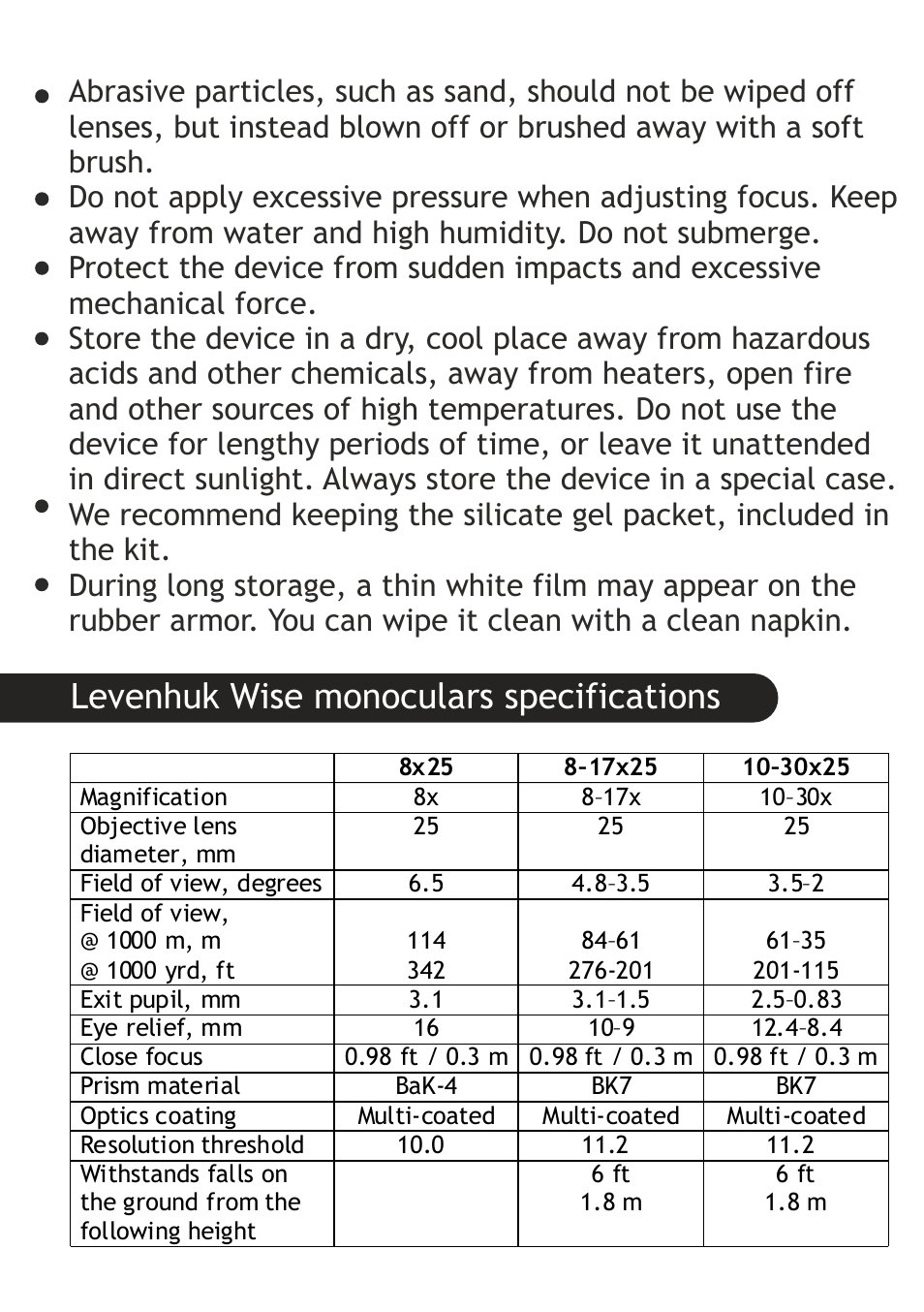 Levenhuk wise monoculars specifications | Levenhuk Wise 10-30x25 Monocular User Manual | Page 5 / 40