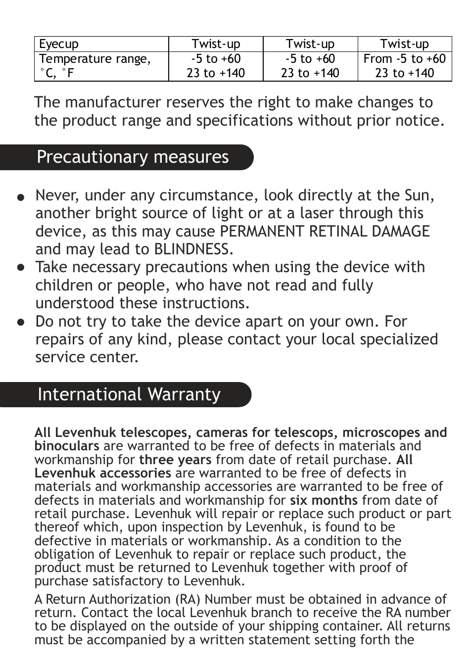 International warranty, Precautionary measures | Levenhuk Wise 10-30x25 Monocular User Manual | Page 6 / 40