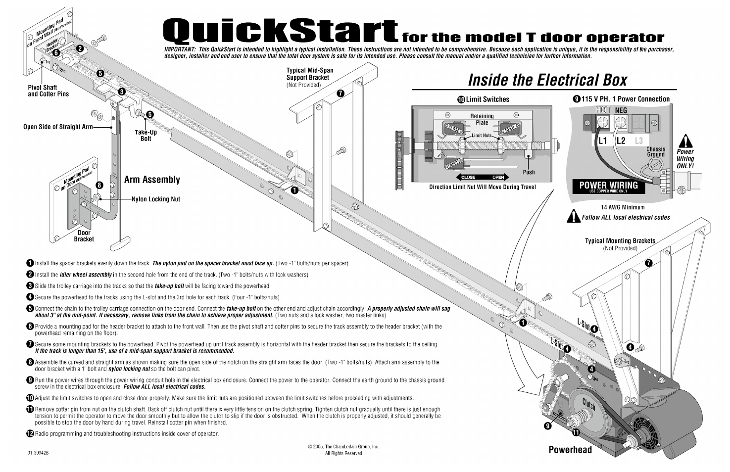 Inside the electrical box, Quickstart, For the model t door operator | LiftMaster T Industrial-Duty Trolley Operator for Standard Lift Sectional Doors User Manual | Page 2 / 2