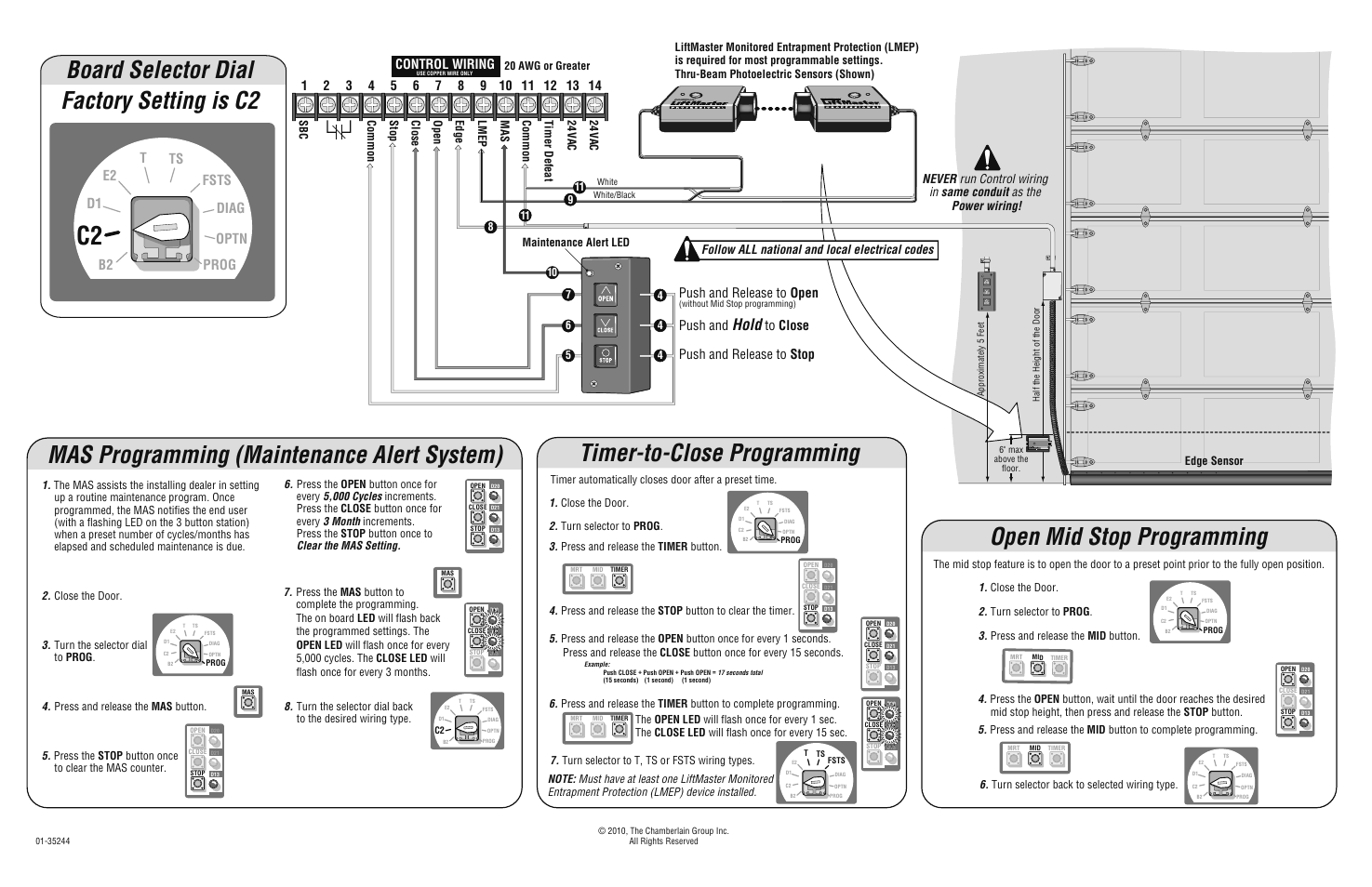 Factory setting is c2 board selector dial, Open mid stop programming, Timer-to-close programming | Mas programming (maintenance alert system), Hold, E2 t ts fsts diag prog d1, Optn, Push and release to open, Push and release to stop push and, Follow all national and local electrical codes | LiftMaster J Industrial Duty Jackshaft Operator User Manual | Page 2 / 2