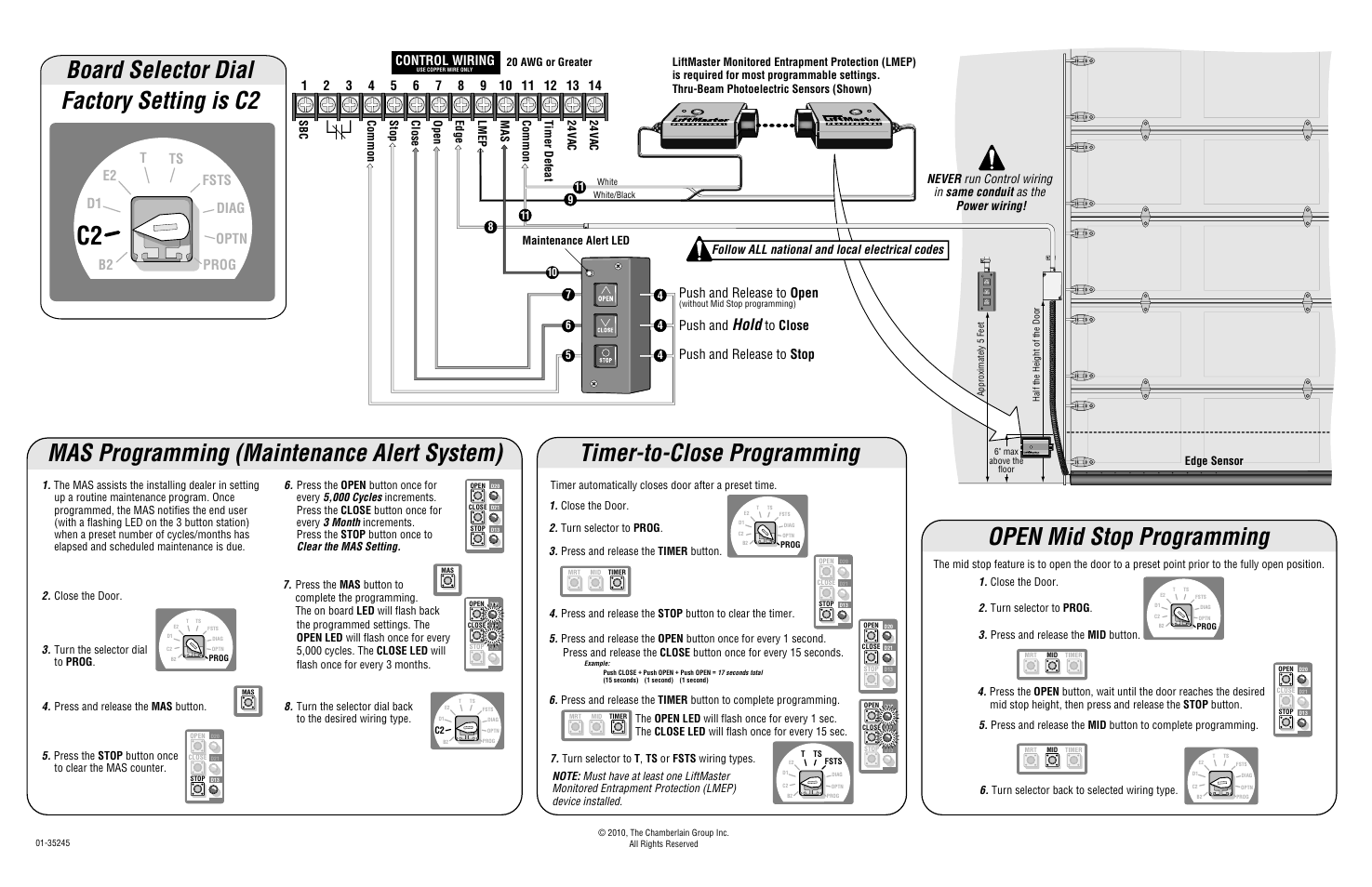 Factory setting is c2 board selector dial, Open mid stop programming, Timer-to-close programming | Mas programming (maintenance alert system), Hold, E2 t ts fsts diag prog d1, Optn, Push and release to open, Push and release to stop push and, Follow all national and local electrical codes | LiftMaster GH Heavy Industrial-Duty Gear-Reduced Hoist Operator User Manual | Page 2 / 2