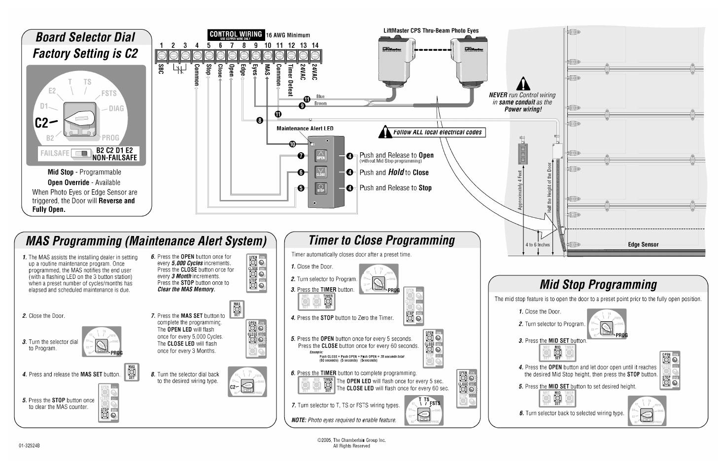Board selector dial factory setting is c2, Mas programming (maintenance alert system), Timer to close programming | Mid stop programming, Fâjo, O: о | LiftMaster J Industrial Duty Jackshaft Operator User Manual | Page 2 / 2