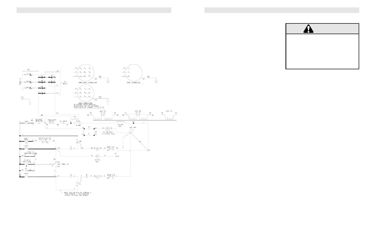 Three phase schematic diagram, Warning caution warning warning | LiftMaster GH5HP 5 HP Heavy Industrial-Duty Gear-Reduced Hoist Operator User Manual | Page 12 / 20