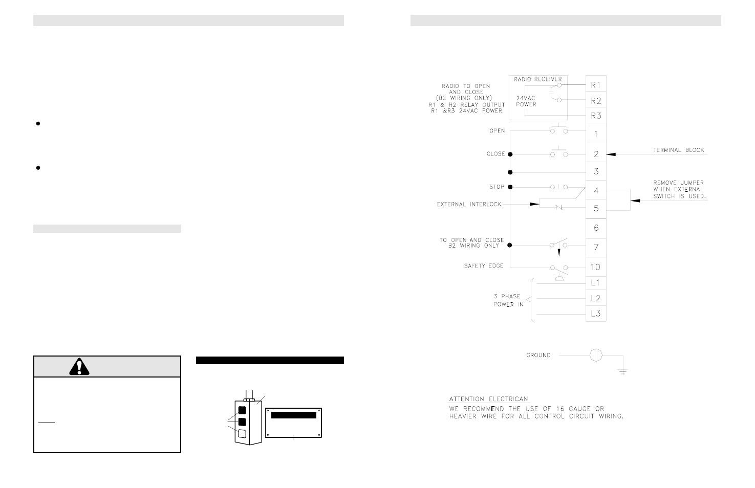 Control wiring, Warning caution warning warning, Control wiring three phase field wiring | Mount warning notice, Special control wiring | LiftMaster GH5HP 5 HP Heavy Industrial-Duty Gear-Reduced Hoist Operator User Manual | Page 8 / 20