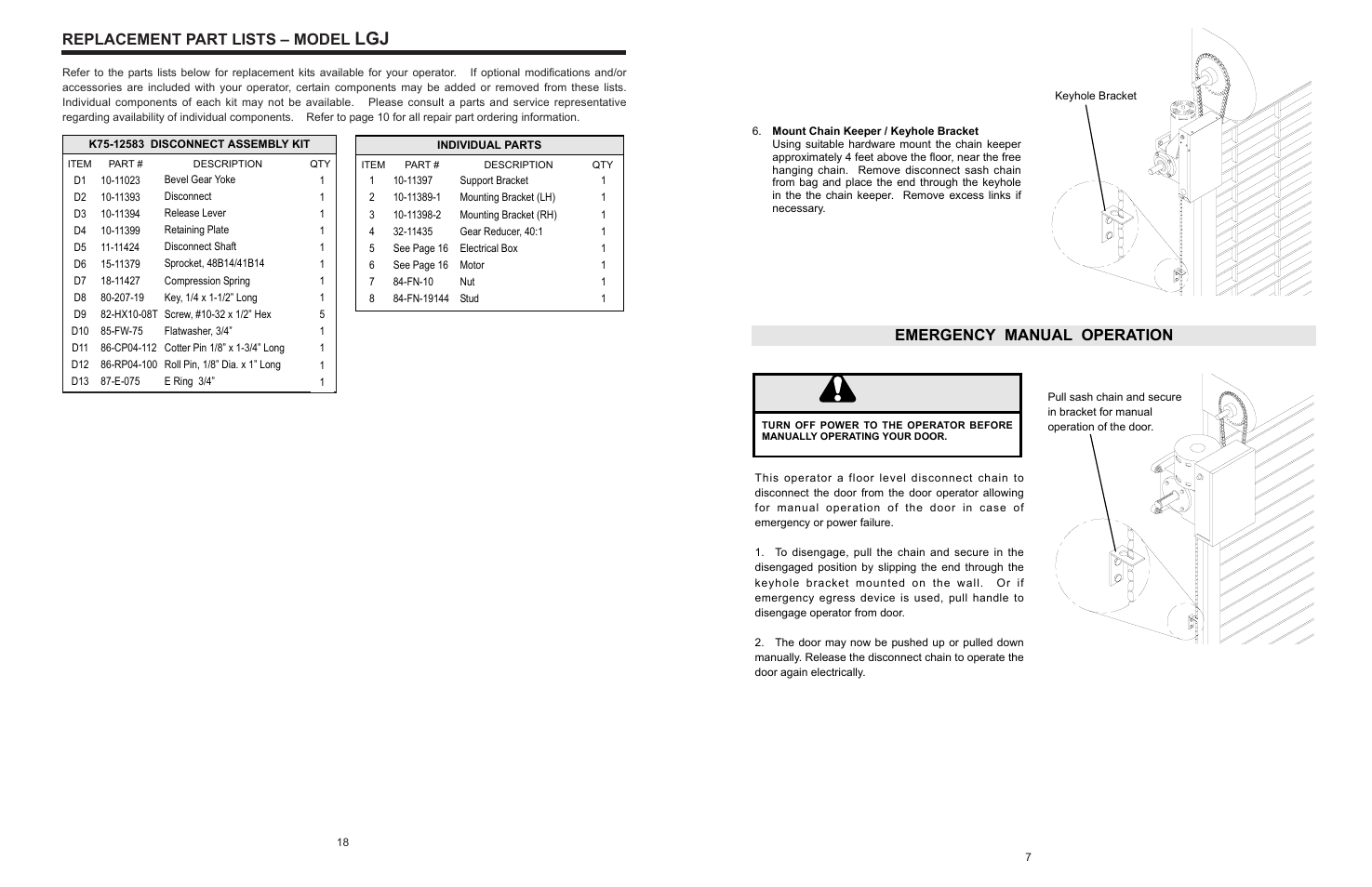 Emergency manual operation, Warning caution caution warning warning, Replacement part lists – model | LiftMaster LGJ Light-Duty Gear-Reduced Jackshaft Operator for Rolling Grilles and Shutters User Manual | Page 7 / 24