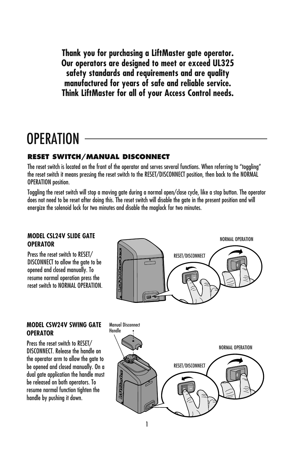 Operation, Reset switch/manual disconnect | LiftMaster CSW24V High-Cycle Commercial DC Swing Gate Operator User Manual | Page 2 / 8
