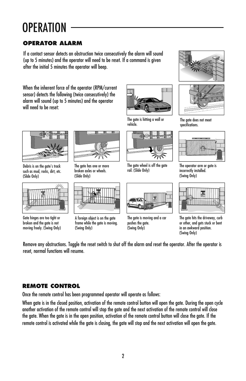 Operator alarm, Remote control, Operation | LiftMaster CSW24V High-Cycle Commercial DC Swing Gate Operator User Manual | Page 3 / 8
