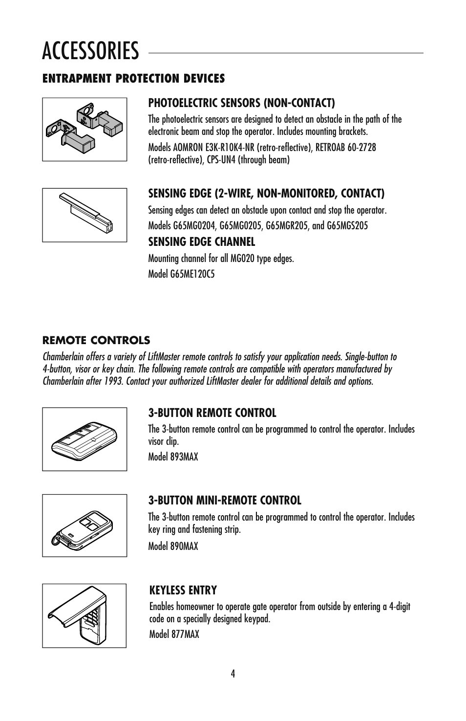 Accessories, Entrapment protection devices, Remote controls | LiftMaster CSW24V High-Cycle Commercial DC Swing Gate Operator User Manual | Page 5 / 8