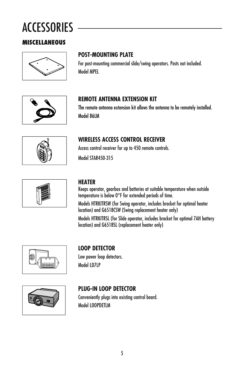 Miscellaneous, Accessories | LiftMaster CSW24V High-Cycle Commercial DC Swing Gate Operator User Manual | Page 6 / 8