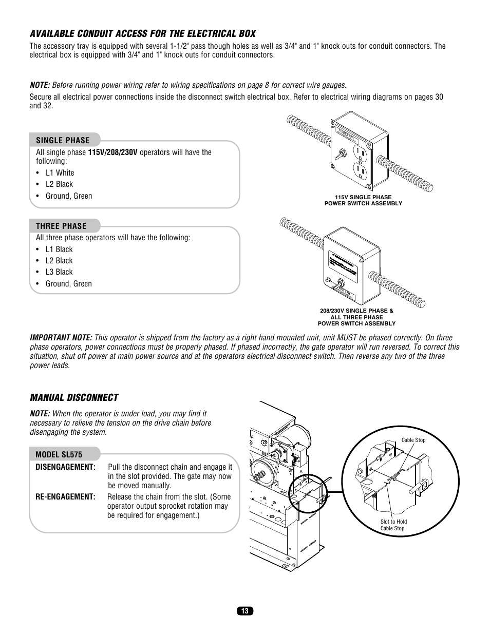 Available conduit access for the electrical box, On/off switch power wiring, Manual disconnect | LiftMaster SL575 Heavy-Duty Commercial Slide Gate Operator User Manual | Page 13 / 40