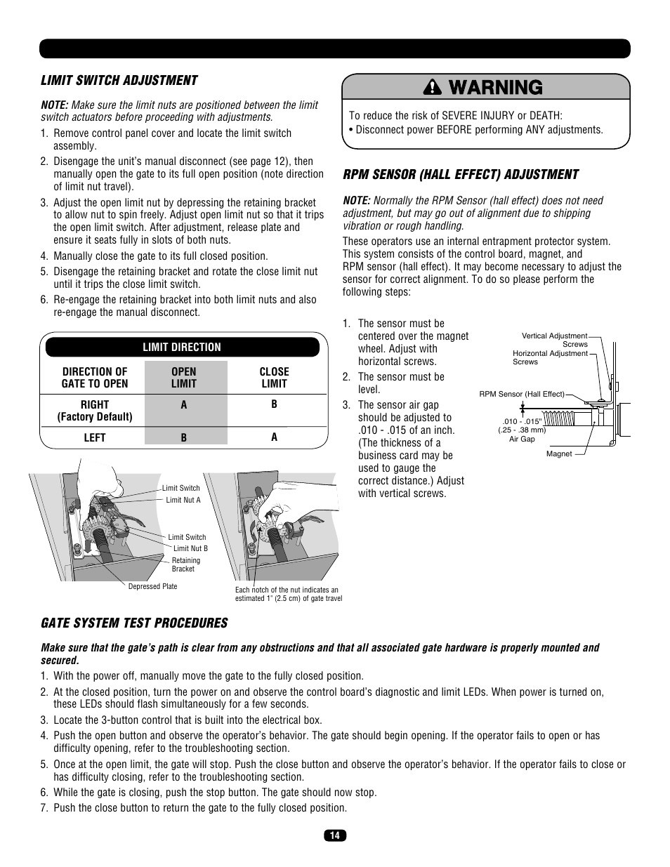 Adjustment, Limit switch adjustment, Gate system test procedures | Rpm sensor (hall effect) adjustment | LiftMaster SL575 Heavy-Duty Commercial Slide Gate Operator User Manual | Page 14 / 40
