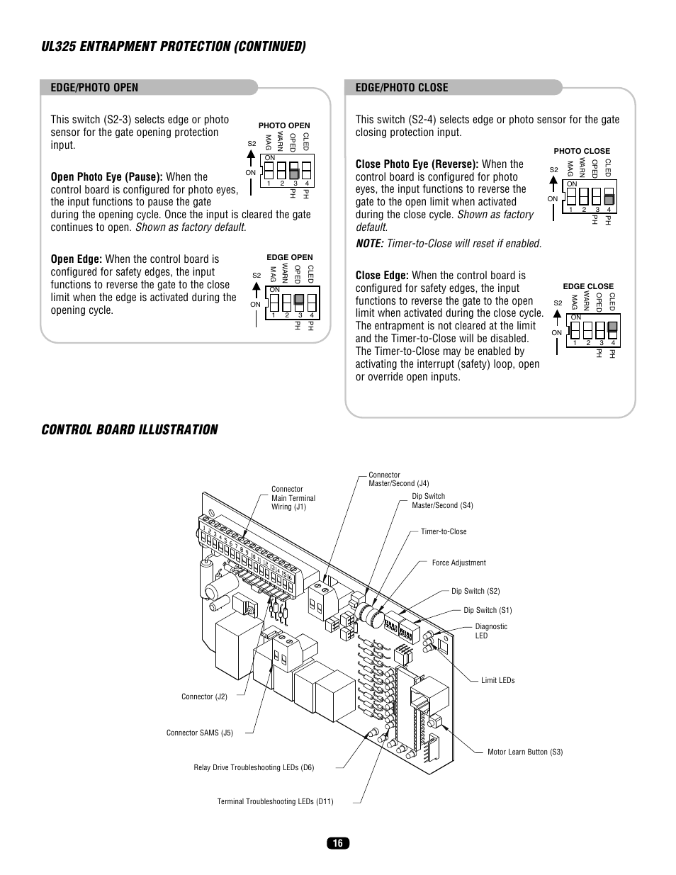 Ul325 entrapment protection (continued), Control board illustration | LiftMaster SL575 Heavy-Duty Commercial Slide Gate Operator User Manual | Page 16 / 40