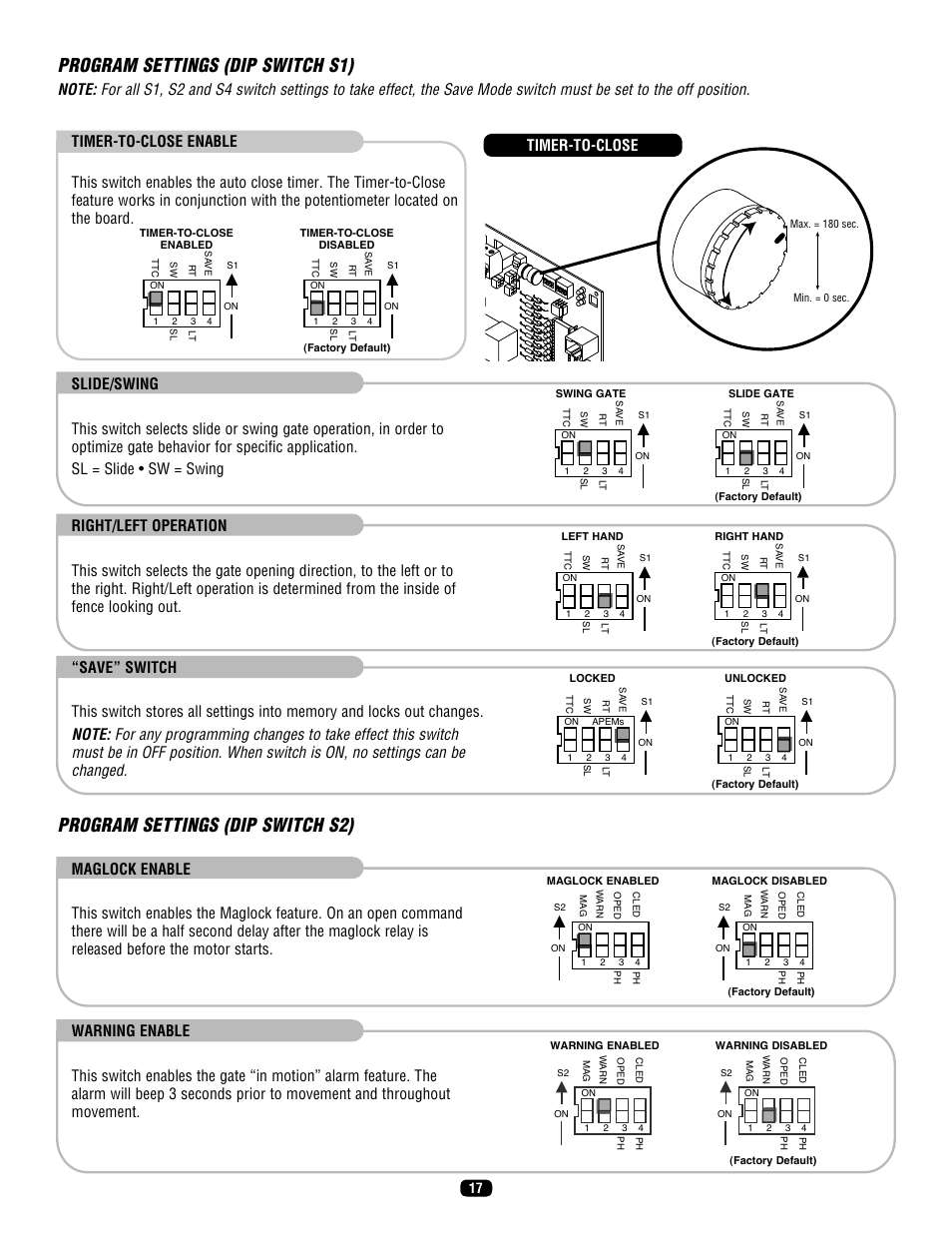 Program settings (dip switch s1), Program settings (dip switch s2), Timer-to-close | LiftMaster SL575 Heavy-Duty Commercial Slide Gate Operator User Manual | Page 17 / 40
