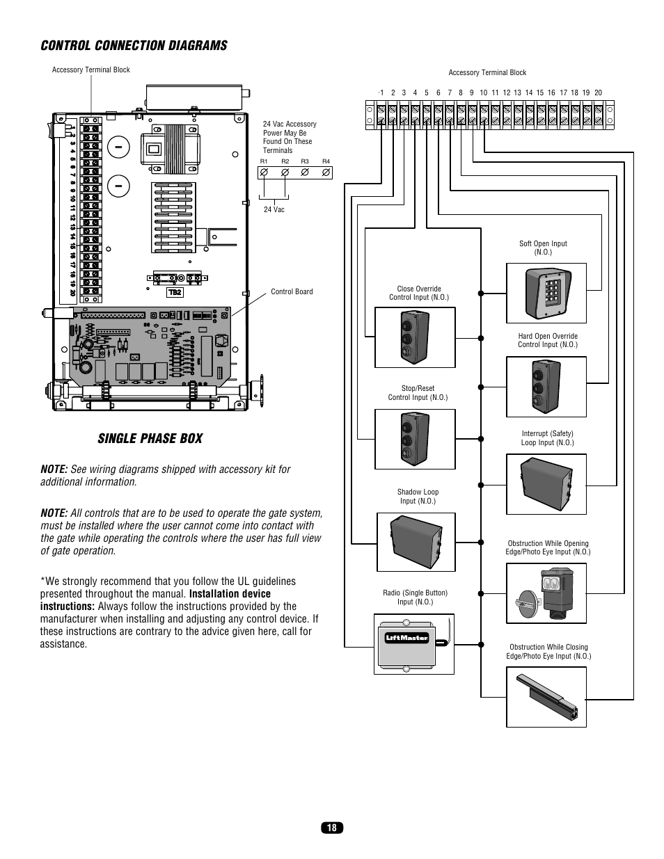 Control connection diagrams, Single phase box, Clo se sto p | Clo se st op | LiftMaster SL575 Heavy-Duty Commercial Slide Gate Operator User Manual | Page 18 / 40