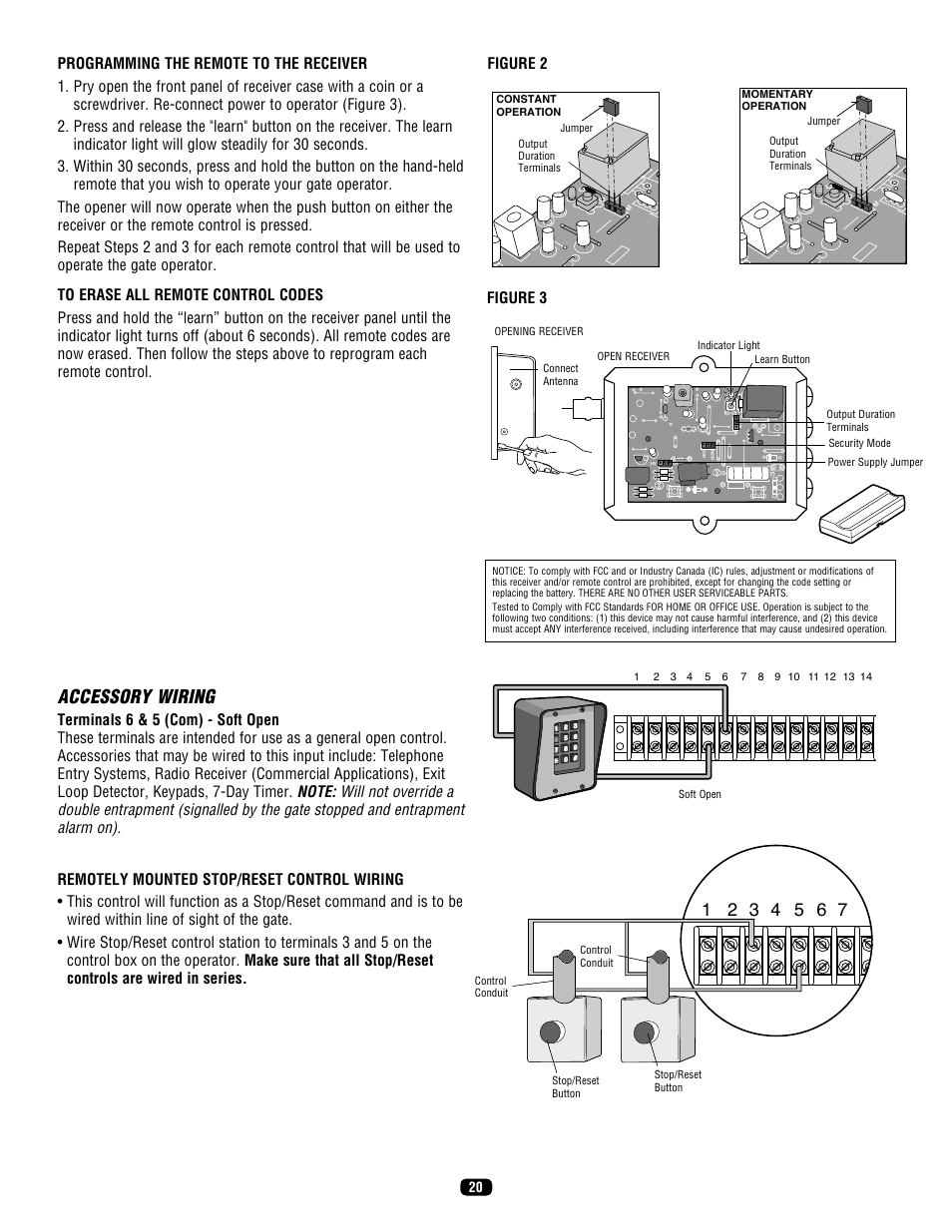 Programming the remote to the receiver, To erase all remote control codes, Accessory wiring | LiftMaster SL575 Heavy-Duty Commercial Slide Gate Operator User Manual | Page 20 / 40