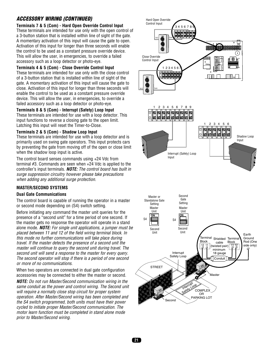 Accessory wiring (continued), Master/second systems | LiftMaster SL575 Heavy-Duty Commercial Slide Gate Operator User Manual | Page 21 / 40