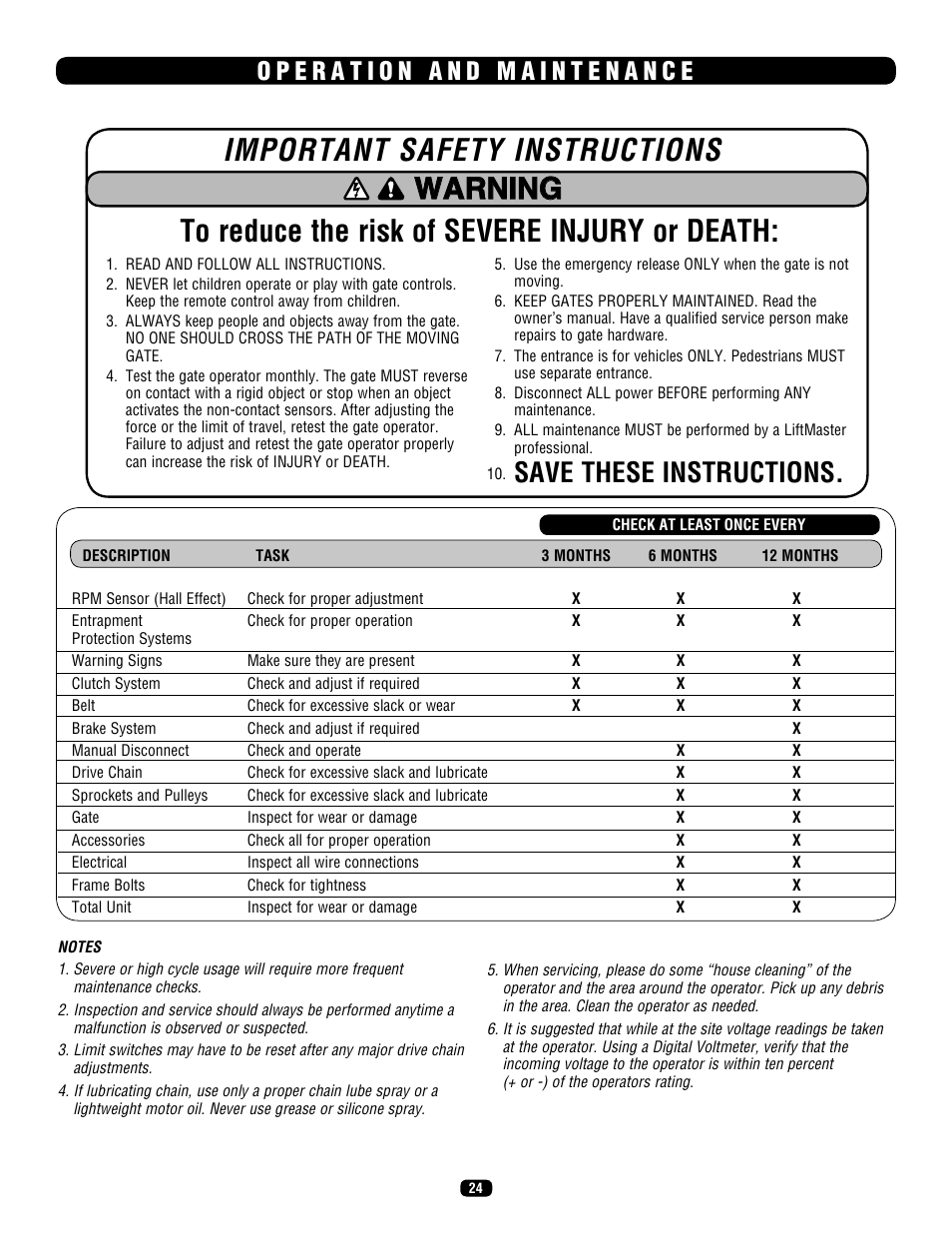 Operation and maintenance, Warning, Important safety instructions | Save these instructions | LiftMaster SL575 Heavy-Duty Commercial Slide Gate Operator User Manual | Page 24 / 40