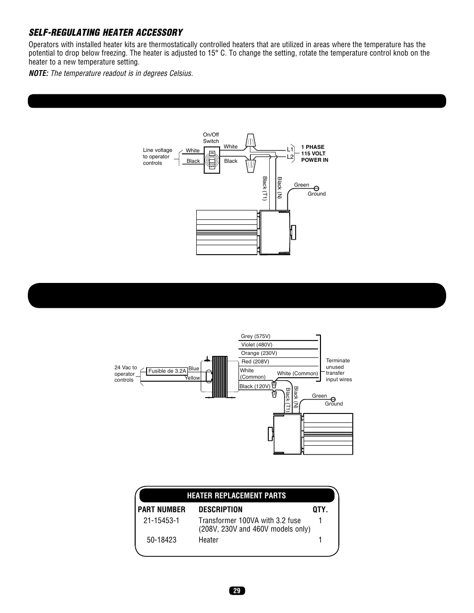 Self-regulating heater accessory, Heater wiring diagram for 115v operators | LiftMaster SL575 Heavy-Duty Commercial Slide Gate Operator User Manual | Page 29 / 40