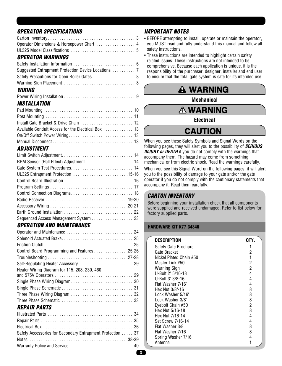 LiftMaster SL575 Heavy-Duty Commercial Slide Gate Operator User Manual | Page 3 / 40