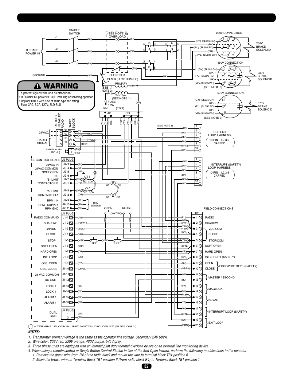 Three phase wiring diagram | LiftMaster SL575 Heavy-Duty Commercial Slide Gate Operator User Manual | Page 32 / 40