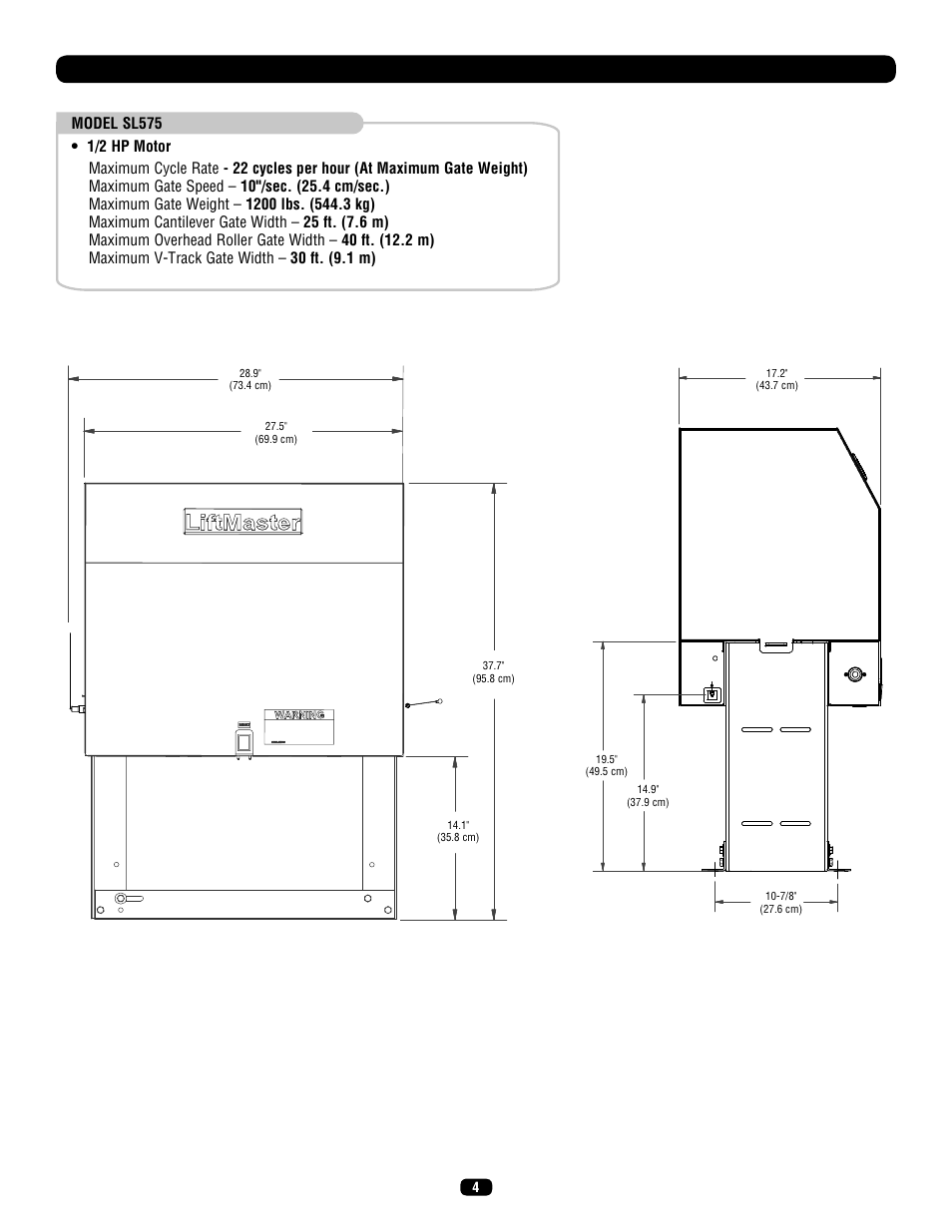 Operator dimensions and horsepower chart | LiftMaster SL575 Heavy-Duty Commercial Slide Gate Operator User Manual | Page 4 / 40