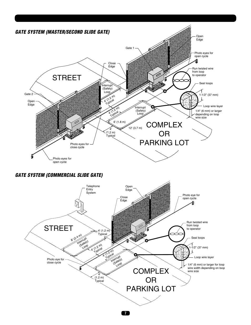 Suggested entrapment protection device locations, Gate system (commercial slide gate), Street complex or parking lot | Street, Complex or parking lot | LiftMaster SL575 Heavy-Duty Commercial Slide Gate Operator User Manual | Page 7 / 40
