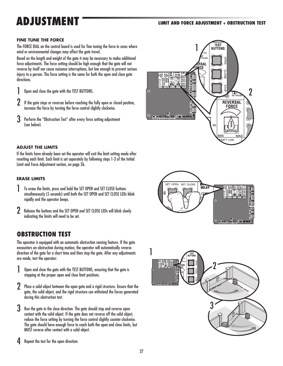 Obstruction test, Adjustment | LiftMaster CSW24V High-Cycle Commercial DC Swing Gate Operator User Manual | Page 29 / 52