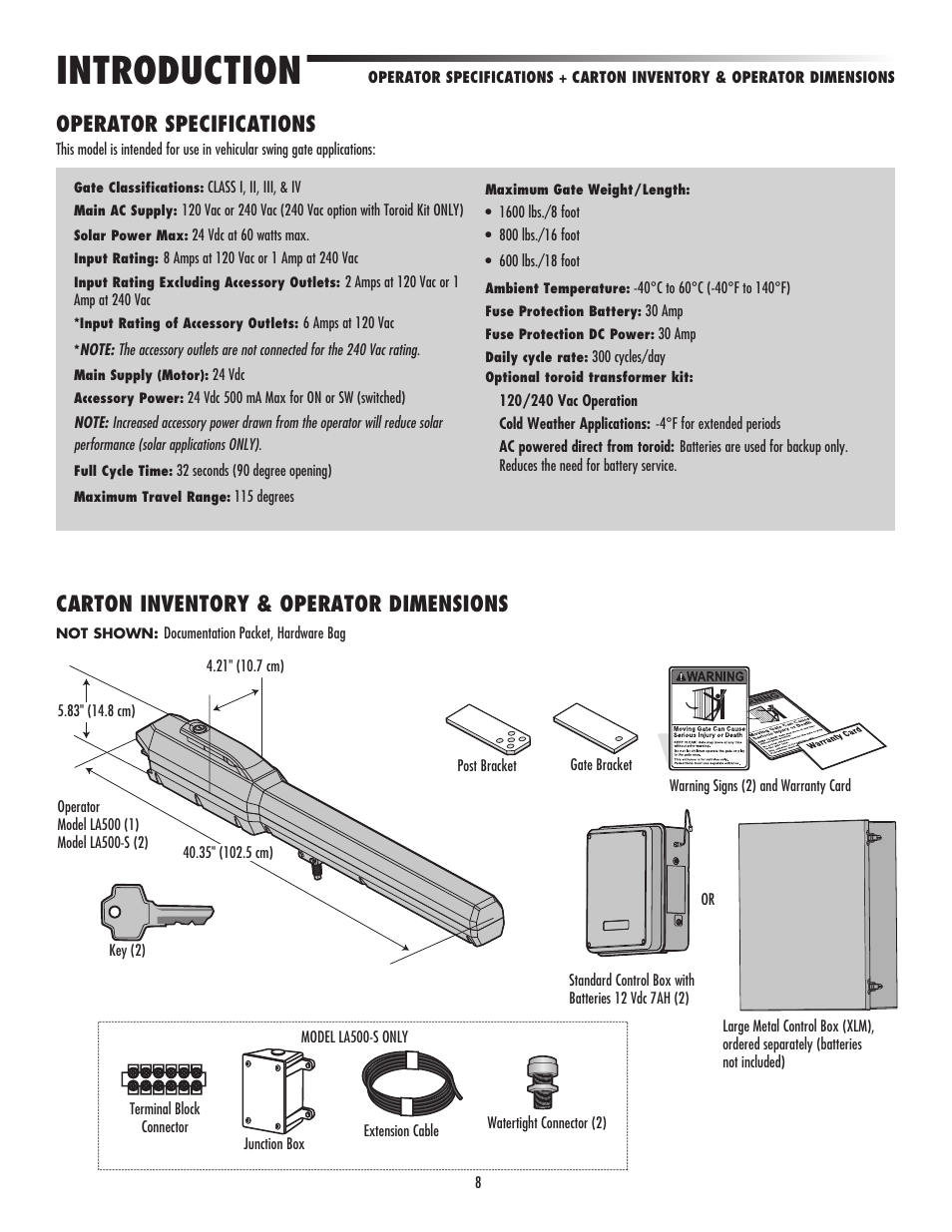 Introduction, Operator specifications, Carton inventory & operator dimensions | LiftMaster LA500 Residential / Light Commercial Swing Gate Operator User Manual | Page 10 / 52