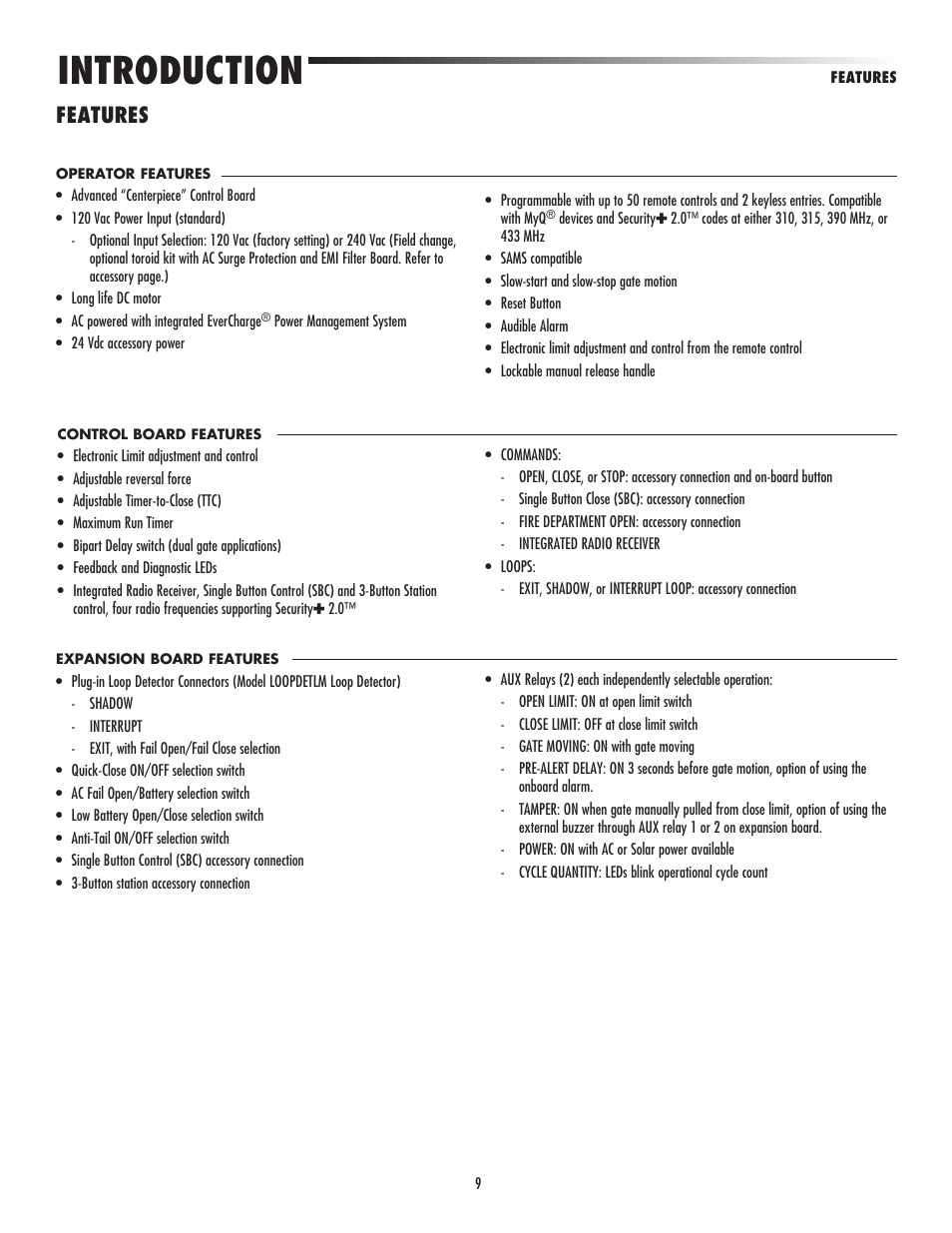 Features, Introduction | LiftMaster LA500 Residential / Light Commercial Swing Gate Operator User Manual | Page 11 / 52