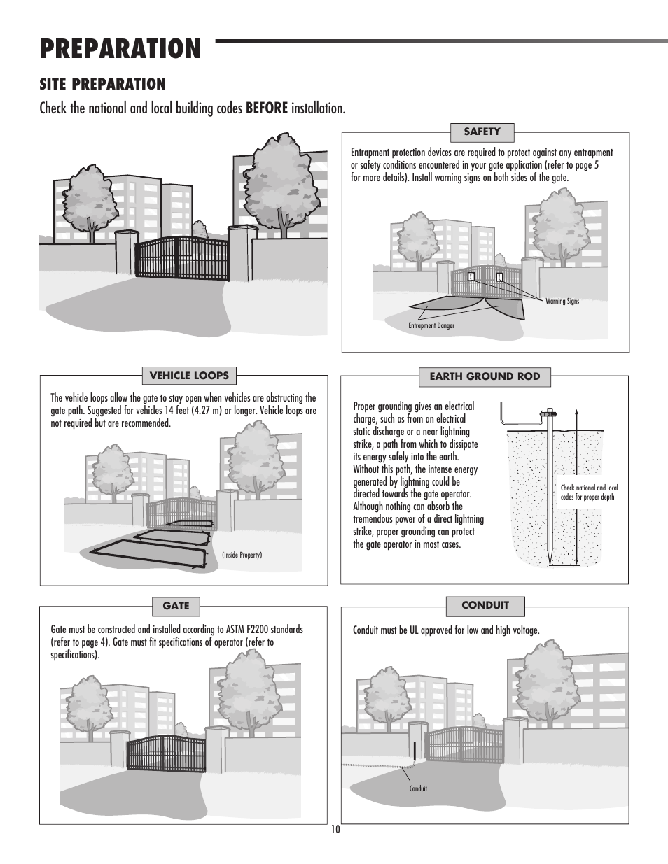 Preparation, Site preparation | LiftMaster LA500 Residential / Light Commercial Swing Gate Operator User Manual | Page 12 / 52