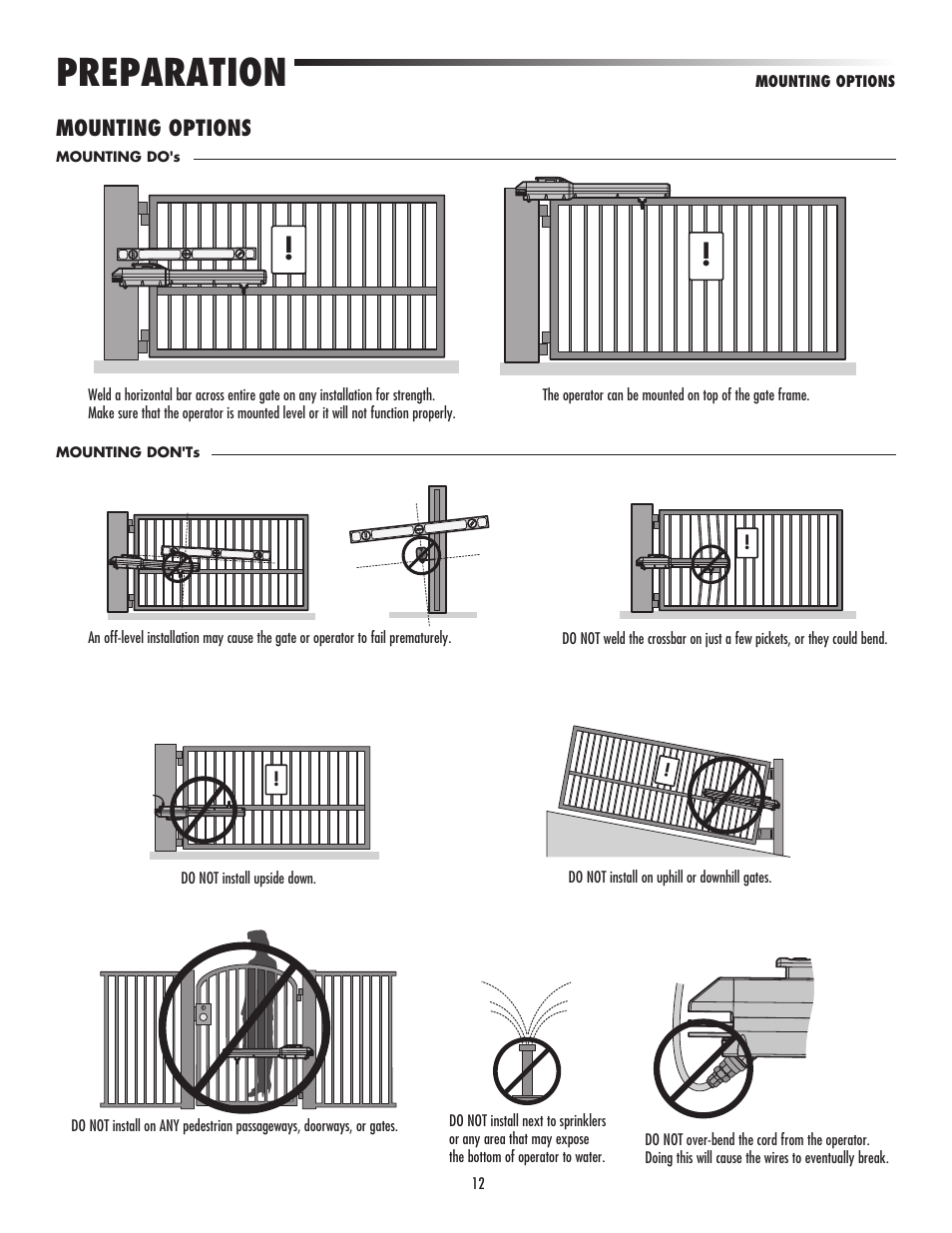 Mounting options, Preparation | LiftMaster LA500 Residential / Light Commercial Swing Gate Operator User Manual | Page 14 / 52