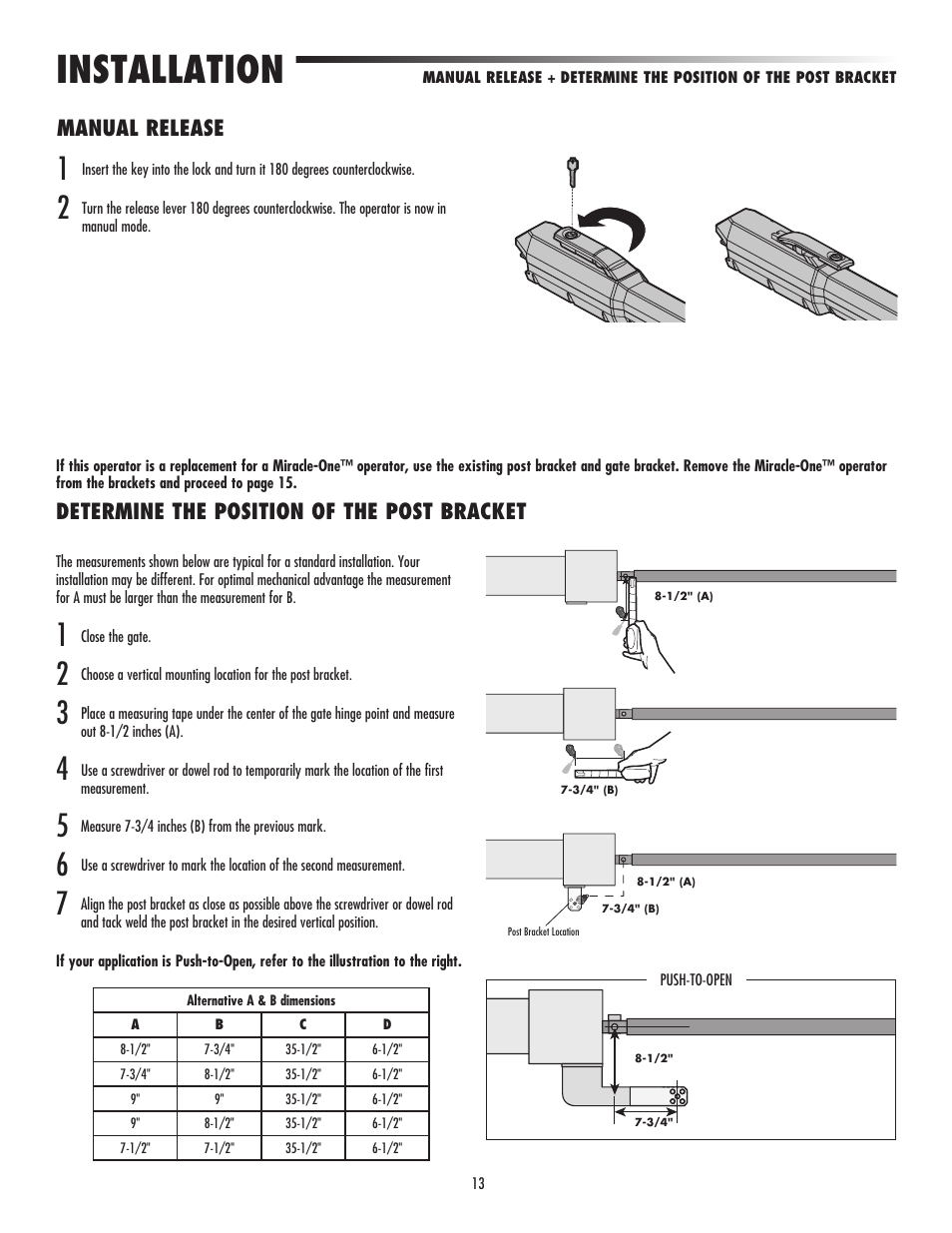 Installation, Manual release, Determine the position of the post bracket | LiftMaster LA500 Residential / Light Commercial Swing Gate Operator User Manual | Page 15 / 52