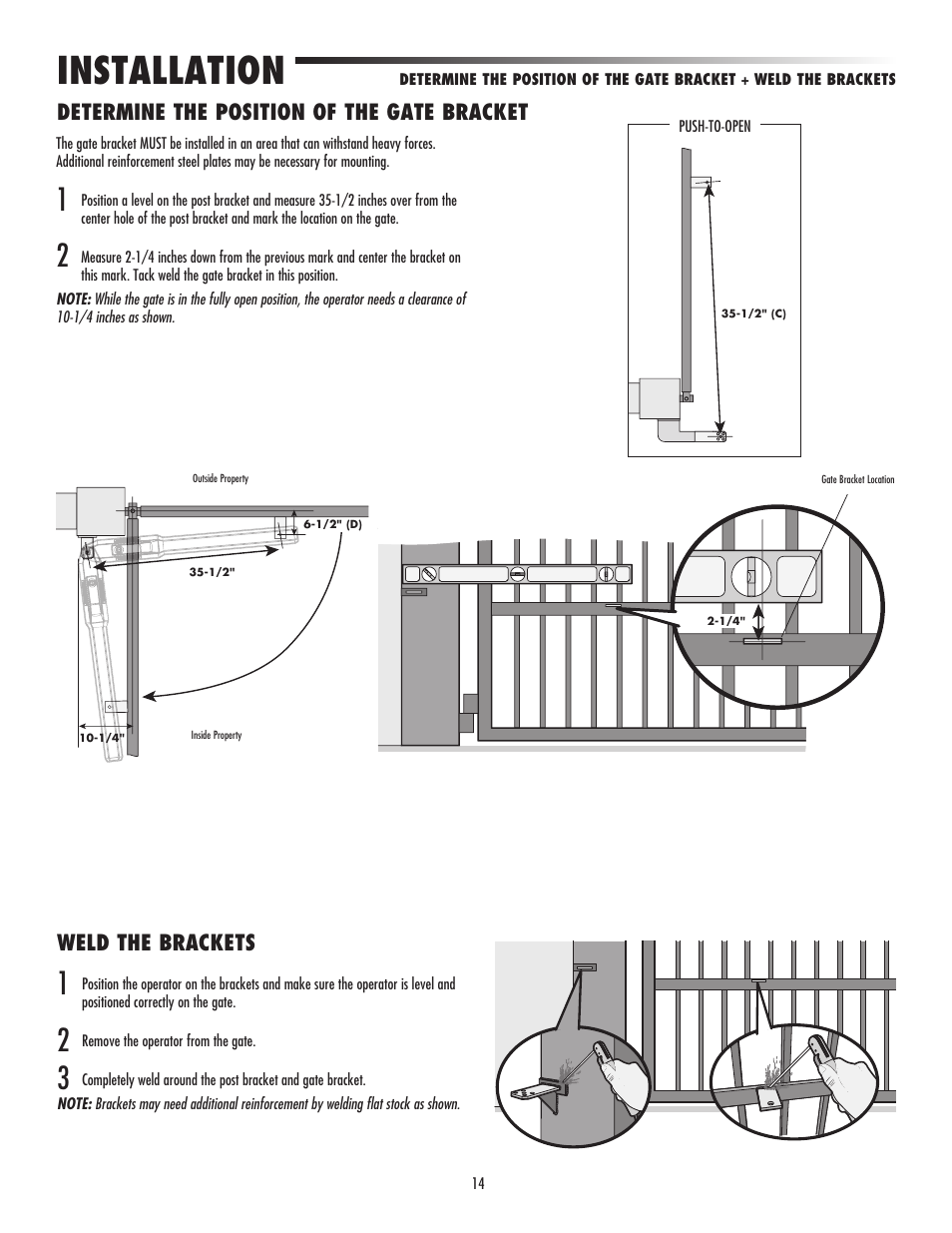 Determine the position of the gate bracket, Weld the brackets, Installation | LiftMaster LA500 Residential / Light Commercial Swing Gate Operator User Manual | Page 16 / 52