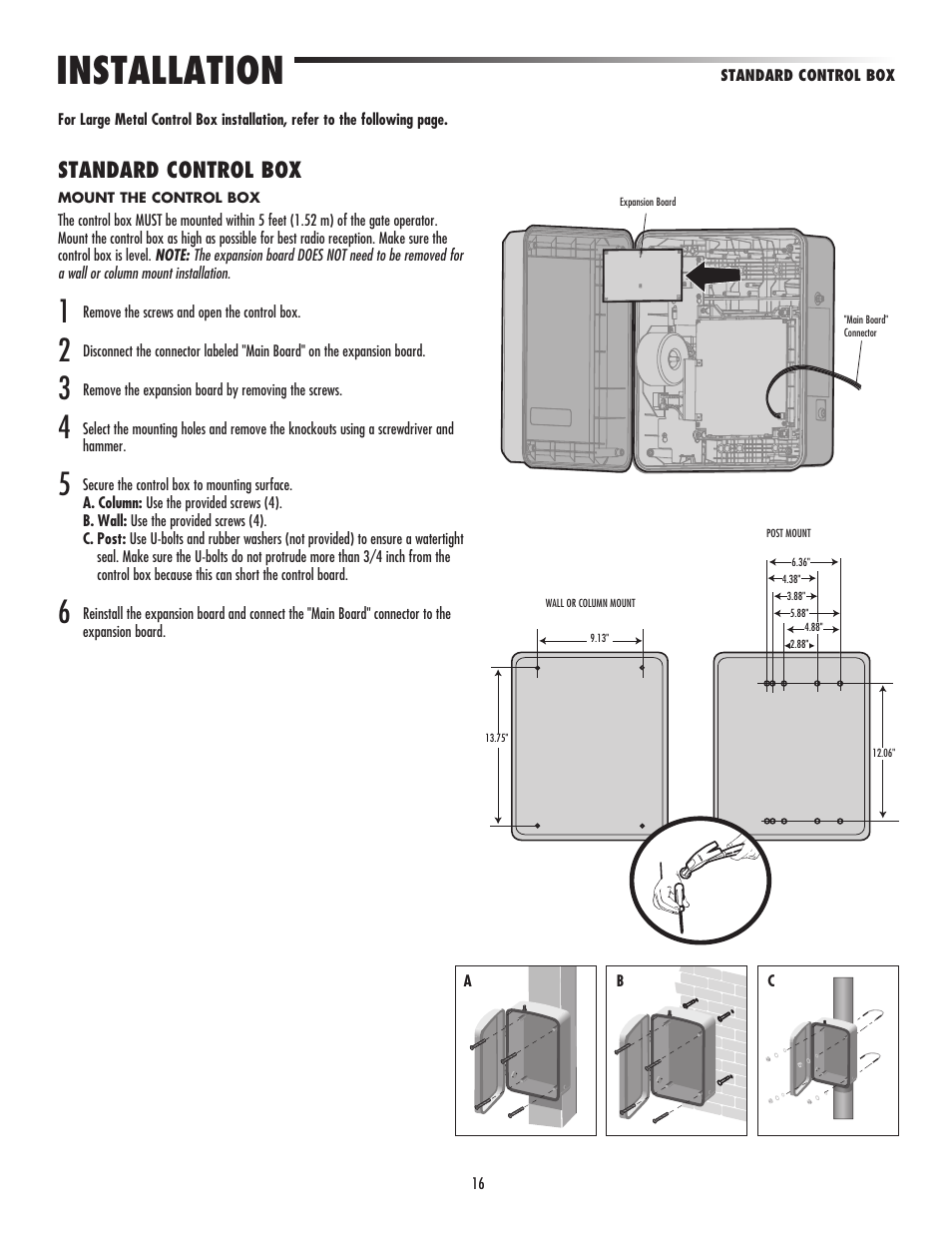 Standard control box, Installation | LiftMaster LA500 Residential / Light Commercial Swing Gate Operator User Manual | Page 18 / 52