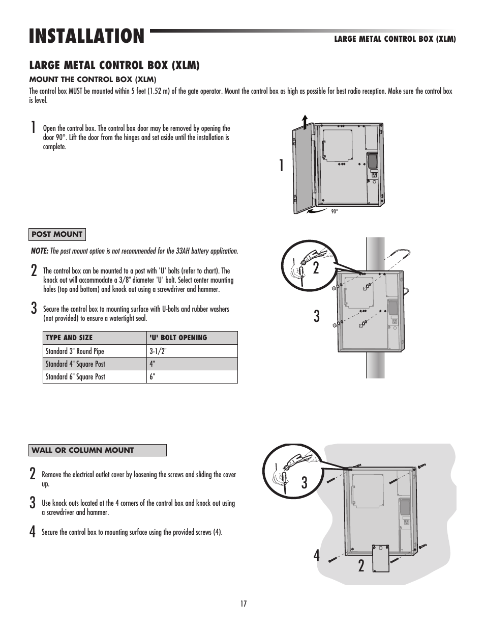 Large metal control box (xlm), Installation | LiftMaster LA500 Residential / Light Commercial Swing Gate Operator User Manual | Page 19 / 52