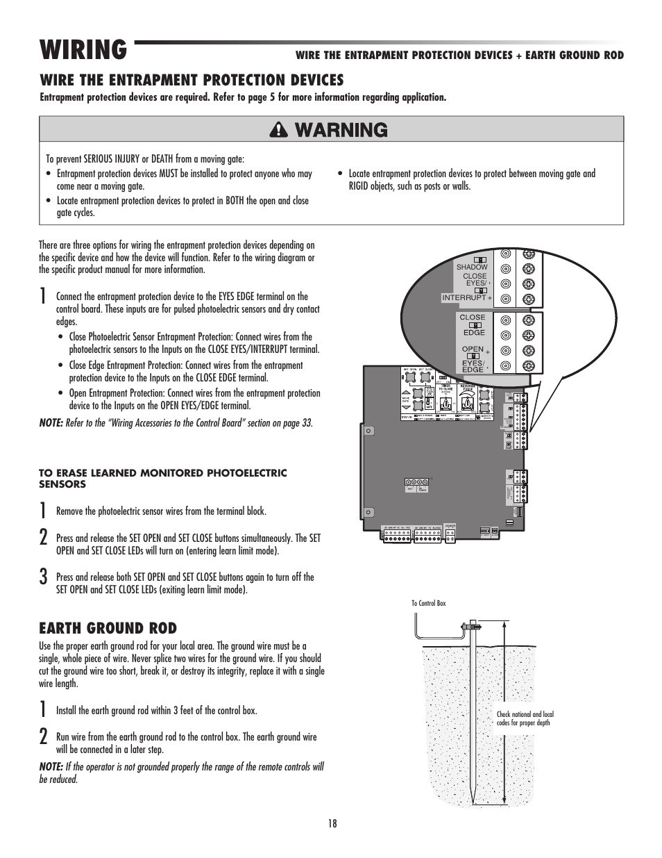 Wiring, Wire the entrapment protection devices, Earth ground rod | LiftMaster LA500 Residential / Light Commercial Swing Gate Operator User Manual | Page 20 / 52
