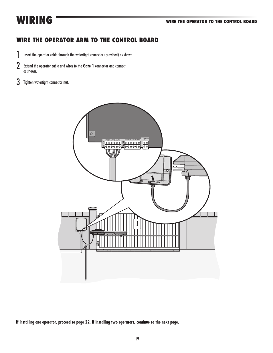 Wire the operator arm to the control board, Wiring | LiftMaster LA500 Residential / Light Commercial Swing Gate Operator User Manual | Page 21 / 52
