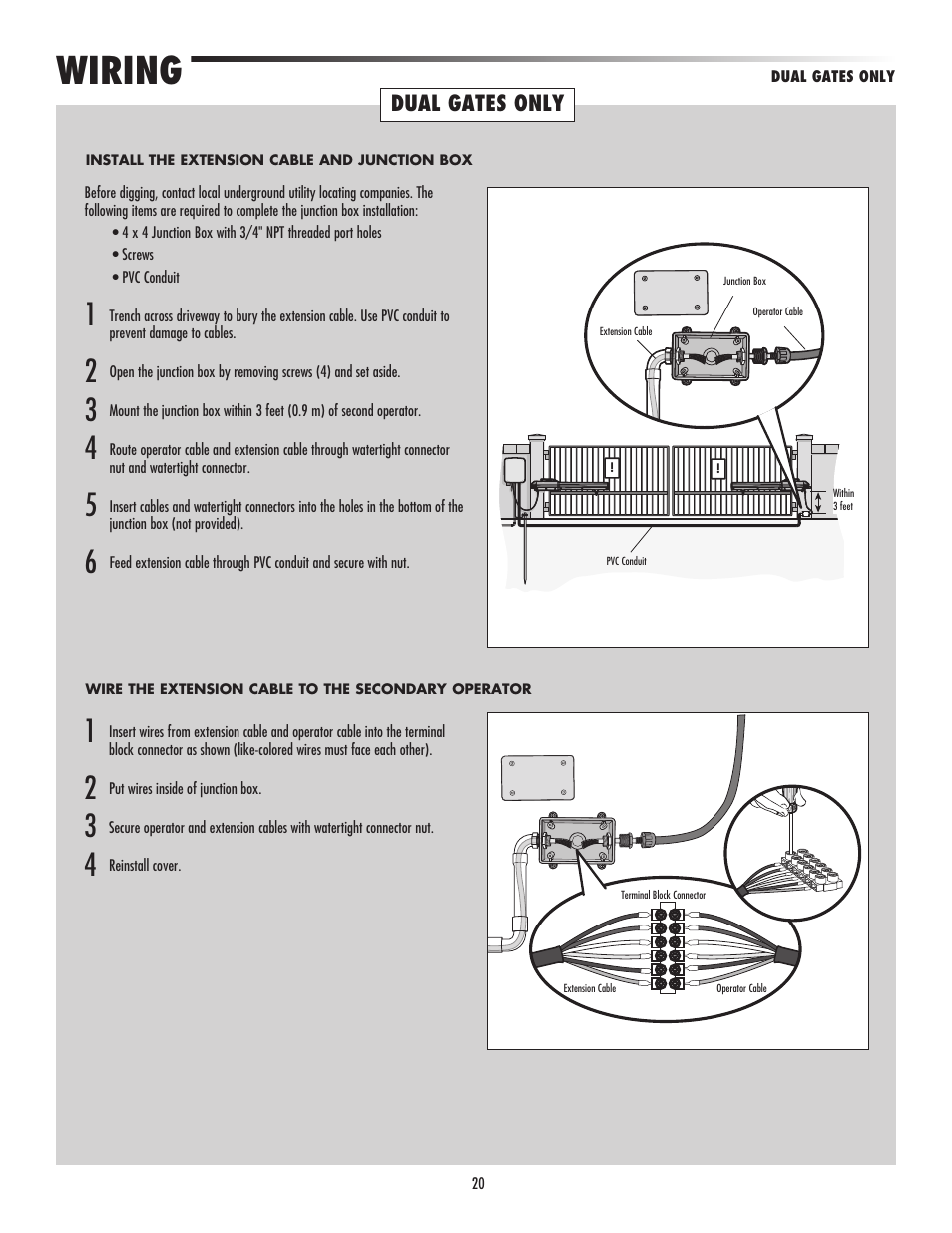 Dual gates only, Wiring | LiftMaster LA500 Residential / Light Commercial Swing Gate Operator User Manual | Page 22 / 52