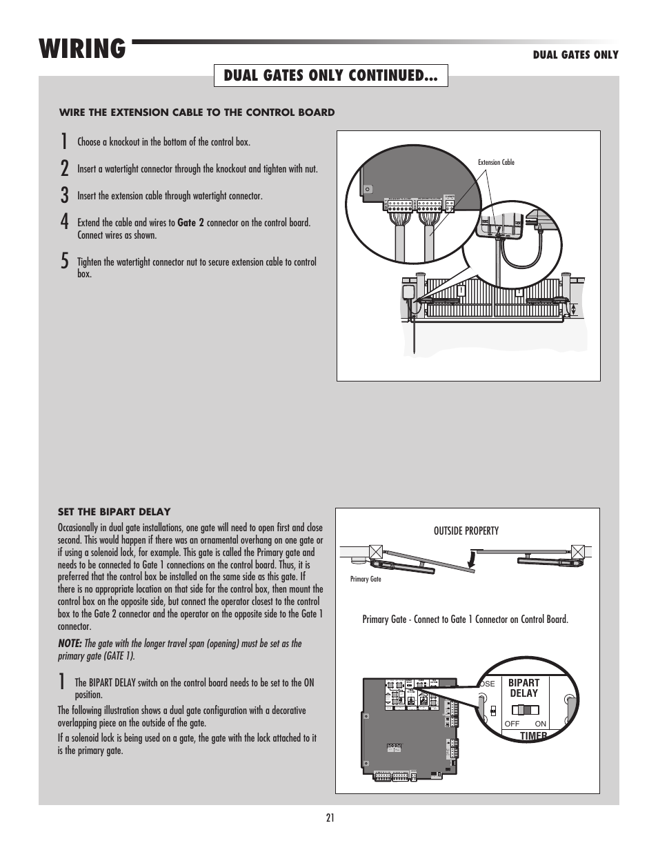 Wiring, Dual gates only continued | LiftMaster LA500 Residential / Light Commercial Swing Gate Operator User Manual | Page 23 / 52