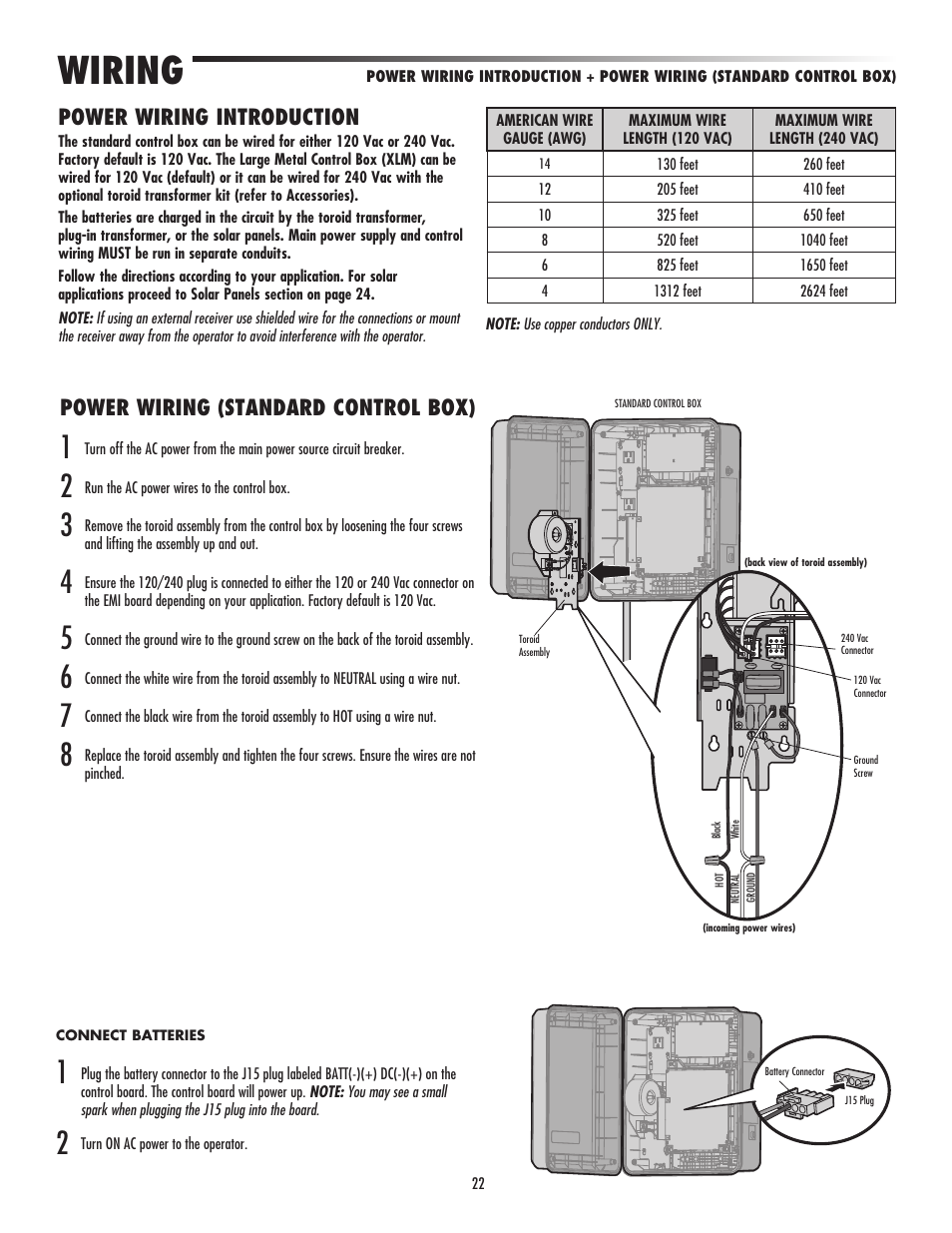 Power wiring introduction, Power wiring (standard control box), Wiring | LiftMaster LA500 Residential / Light Commercial Swing Gate Operator User Manual | Page 24 / 52