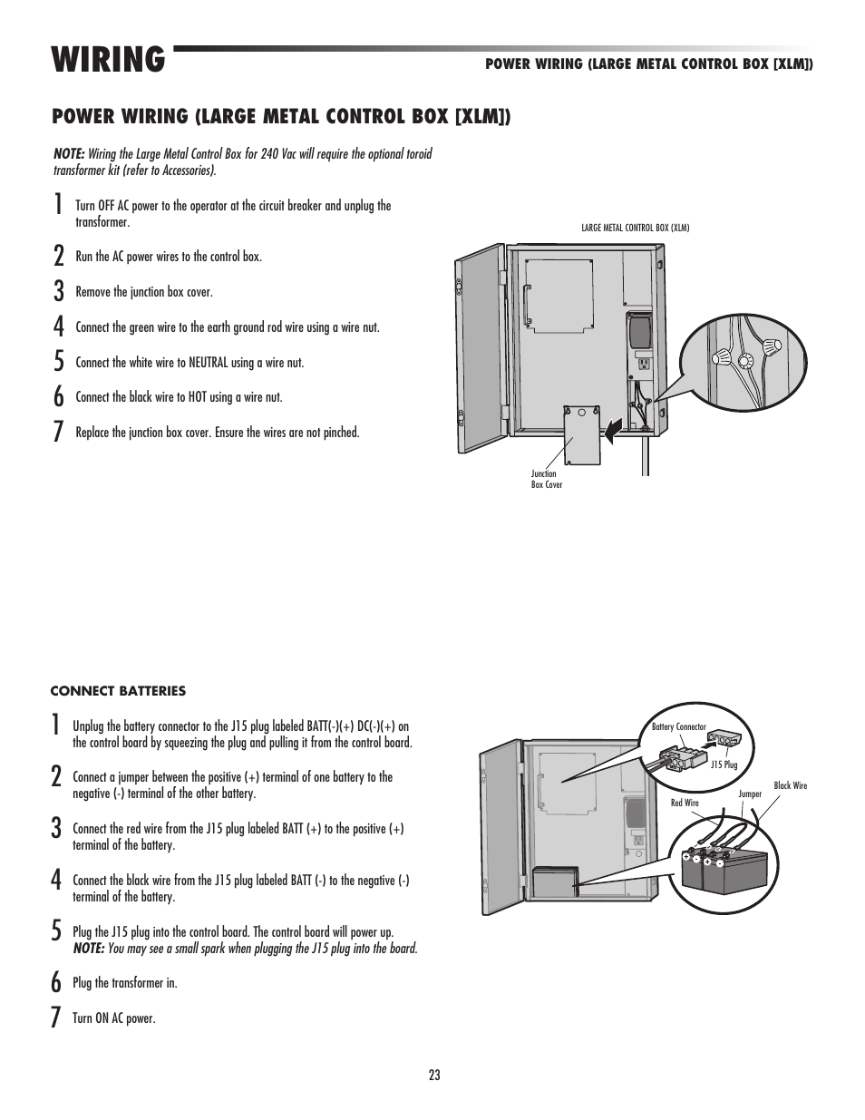 Power wiring (large metal control box [xlm]), Wiring | LiftMaster LA500 Residential / Light Commercial Swing Gate Operator User Manual | Page 25 / 52