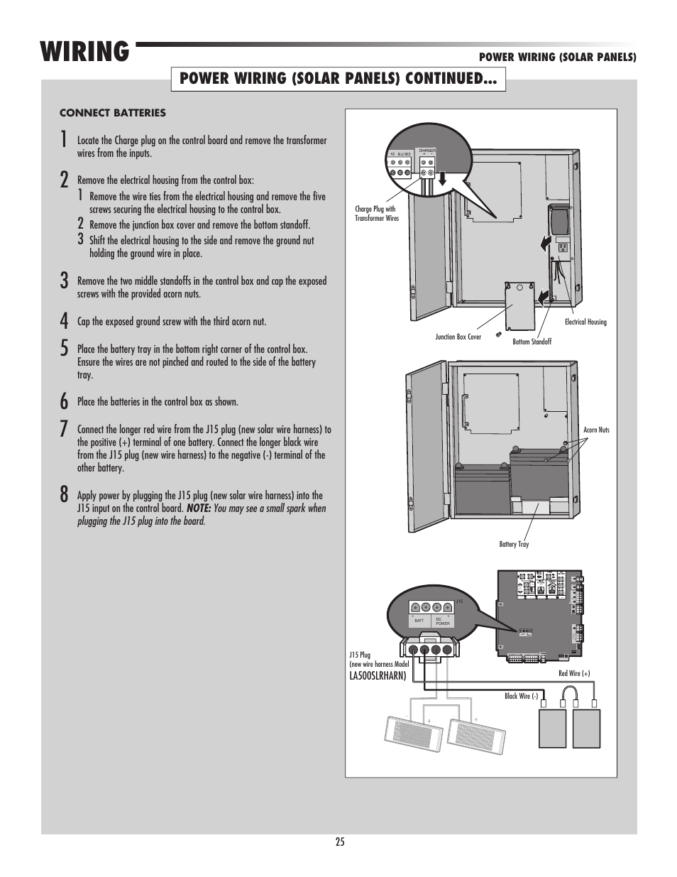 Wiring, Power wiring (solar panels) continued | LiftMaster LA500 Residential / Light Commercial Swing Gate Operator User Manual | Page 27 / 52