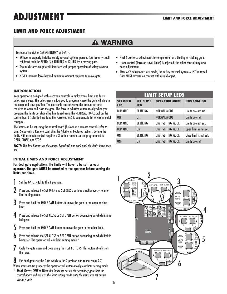 Adjustment, Limit and force adjustment, Limit setup leds | LiftMaster LA500 Residential / Light Commercial Swing Gate Operator User Manual | Page 29 / 52