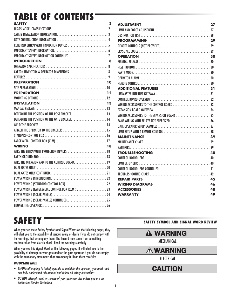 LiftMaster LA500 Residential / Light Commercial Swing Gate Operator User Manual | Page 3 / 52
