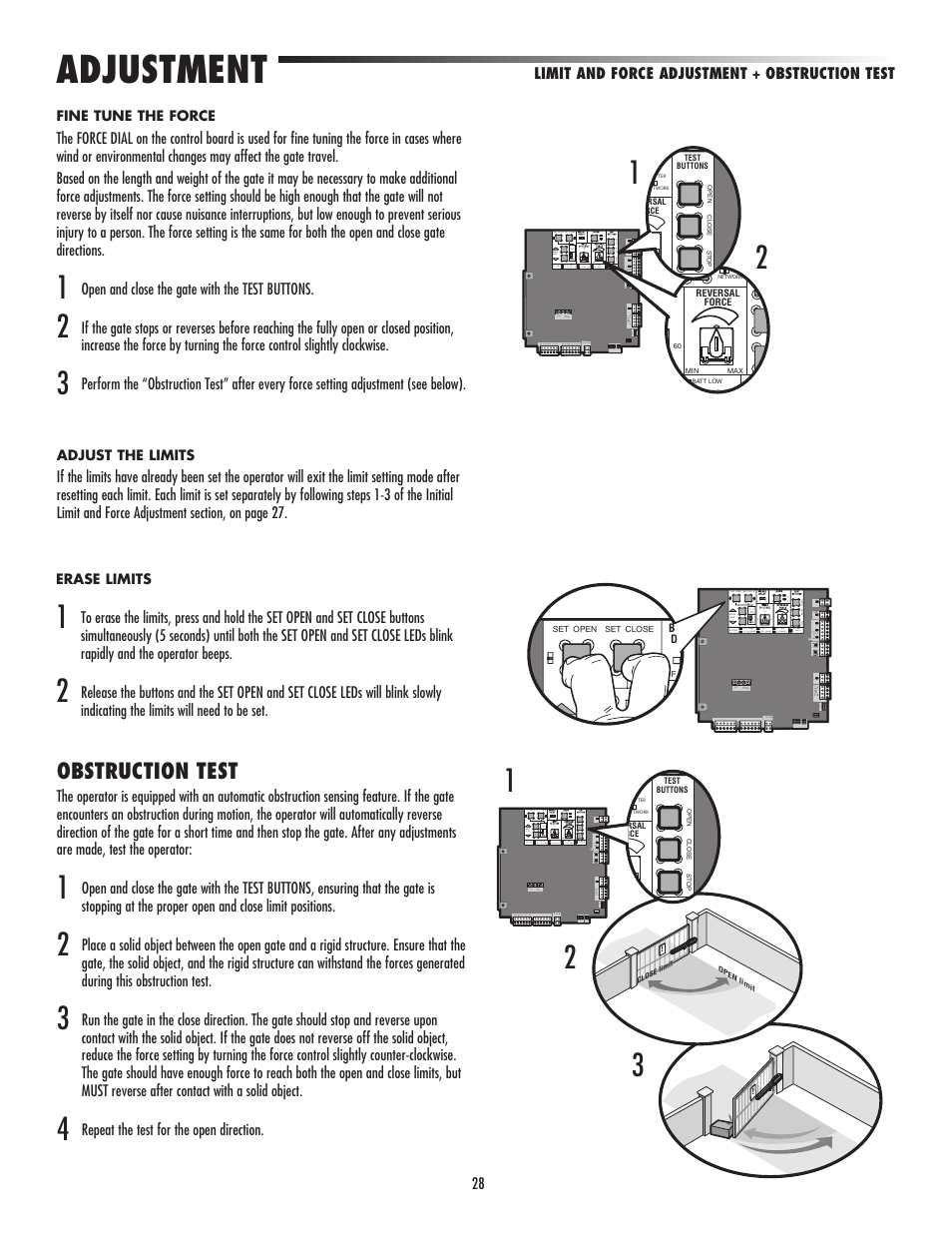Obstruction test, Adjustment | LiftMaster LA500 Residential / Light Commercial Swing Gate Operator User Manual | Page 30 / 52
