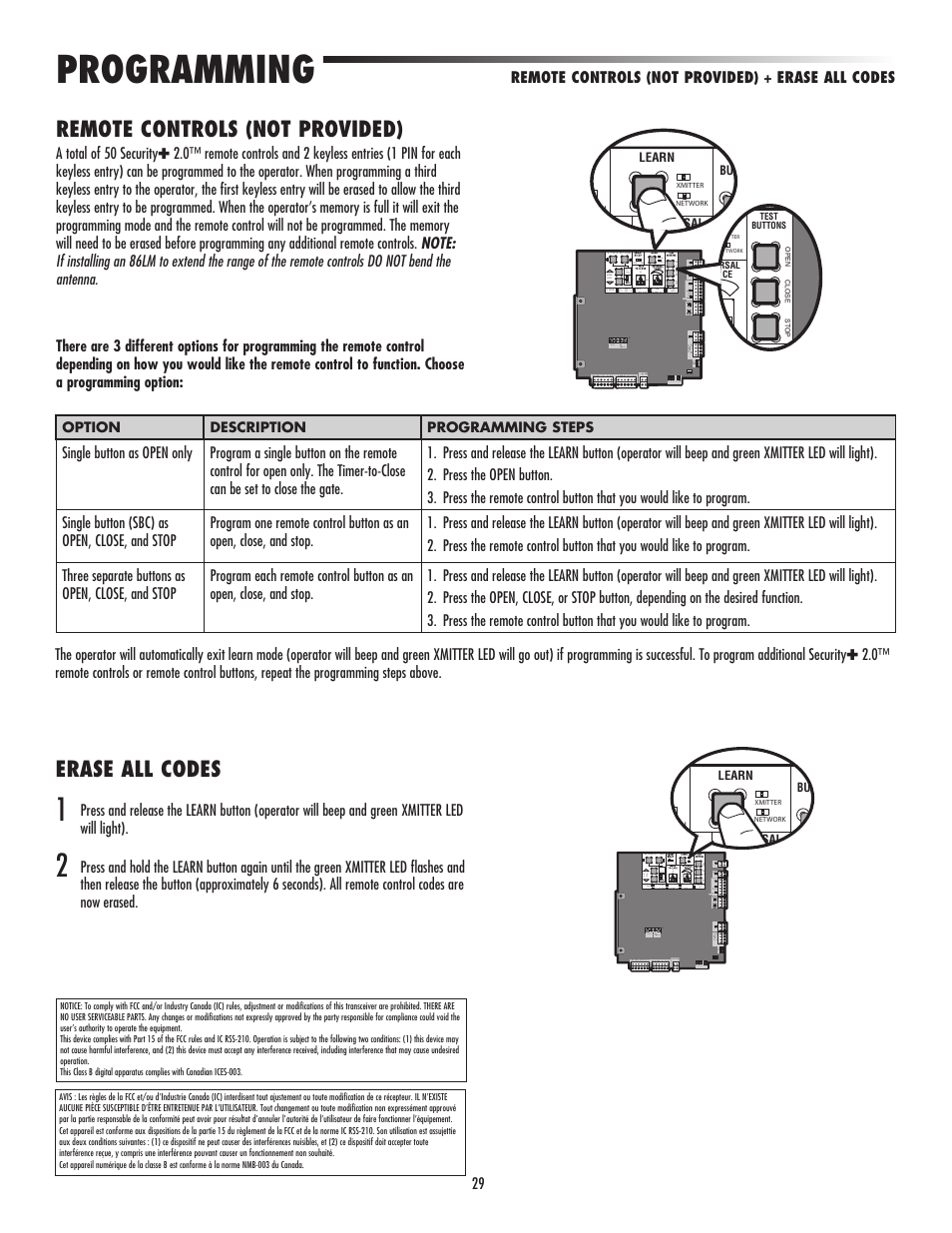 Programming, Remote controls (not provided), Erase all codes | LiftMaster LA500 Residential / Light Commercial Swing Gate Operator User Manual | Page 31 / 52