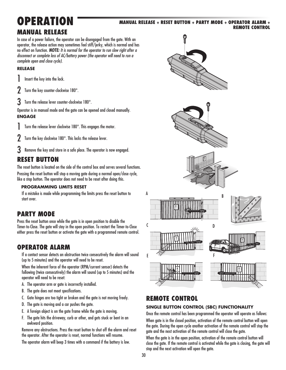 Operation, Manual release, Reset button | Party mode, Operator alarm, Remote control | LiftMaster LA500 Residential / Light Commercial Swing Gate Operator User Manual | Page 32 / 52